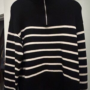 Zara Black and White Striped 1/2 zip Sweater